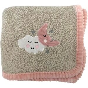 Cribmates Brown Pink Moon Cloud Star Baby Girl Blanket Ribbed‎ Trim Soft Sherpa